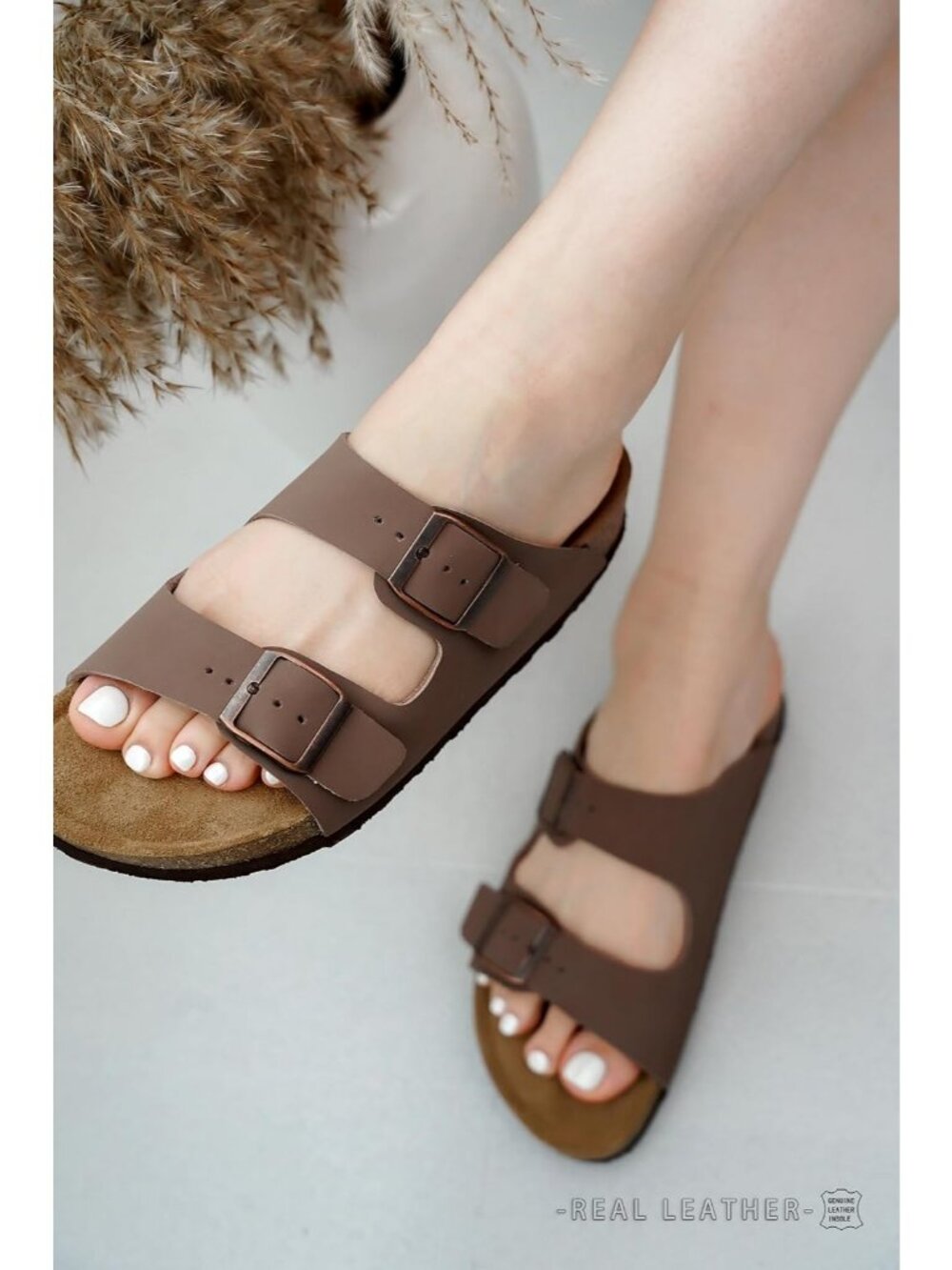 Women's Brown Leather Slide Cork Footbed Double Buckle Arch Support Sandals - Picture 2 of 6
